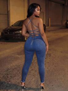 BriallanyX BriallanyX Bộ áo liền quần denim ôm vừa vặn hở lưng gợi cảm mùa hè - Rửa tối - Xem 1