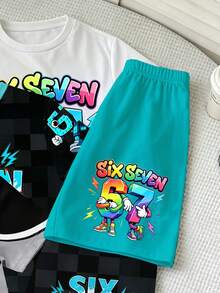 SHEIN Randomly Ships 1 Of 3 Colorblock Letter Block Print Short Sleeve Set, Casual Fashion Style - Multicolor - View 5