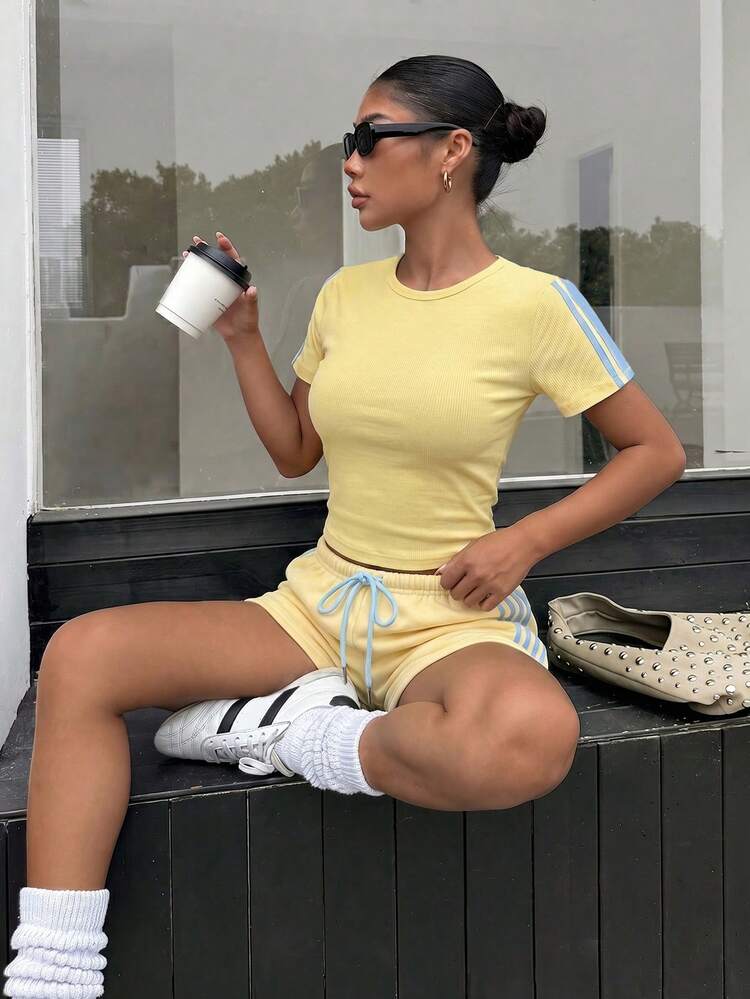 Muchica Blue And Yellow Knitted Women's Casual Set Back-To-School Work Summer - Light Yellow - View 5