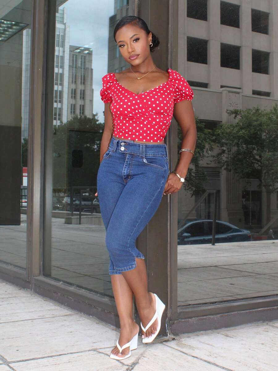 Steph T French Style New Summer Vintage Sweet & Cute Red Polka Dot Print Puff Sleeves Bowknot Blouse For Ladies - Red - View 1