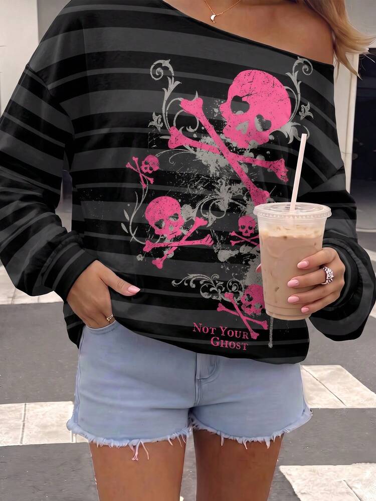 Attitoon Sweatshirt Lengan Panjang Kasual Wanita Motif Garis-Garis Tengkorak untuk Sehari-hari - MultiWarna - View 5