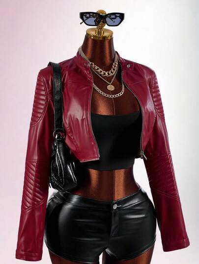 Amplova Damen-Kurzjacke im Motorradstil, Basic-Design, Dunkelrot, sexy, Rave, Avantgarde, geeignet für tägliche Freizeitkleidung, Nachtclub, Herbst