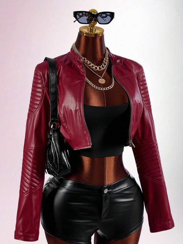 Amplova Women's Cropped Jacket Motorcycle Style Basic Design Dark Red Sexy Rave Avant-Garde Suitable For Daily Casual Wear Night Club Autumn
