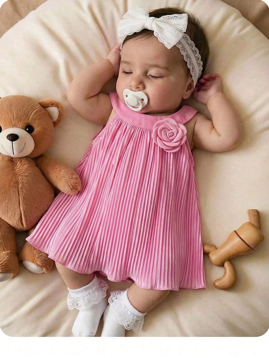 SHEIN 新生女宝宝优雅可爱白色褶皱珍珠无袖连体衣,夏季百搭 - 粉色 - 查看 1