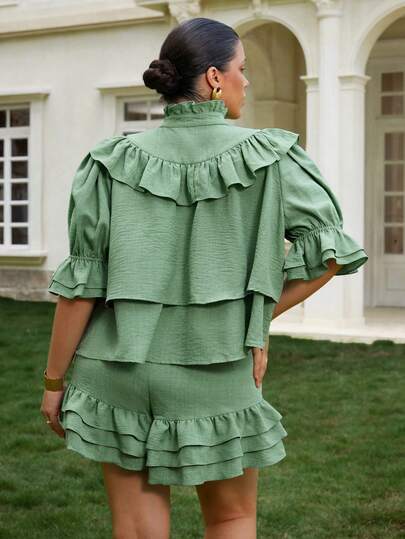 VOLUPTÉ CURVE Plus Size Women's Summer Green Faux Linen Stand Collar Puff Sleeve Set, Ruffle Crop Casual Commute Vacation Two Pieces Set