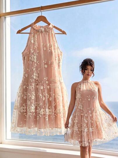 Elenzga Women's Plus Size Spring/Autumn Elegant Sleeveless Embroidered A-Line Short Dress, Suitable For Daily Wear And Party