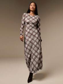 COSMINA Women's Fashion Plaid Long Dress Brunch Diner Office White And Brown Autumn Casual Vintage - Multicolor - View 4