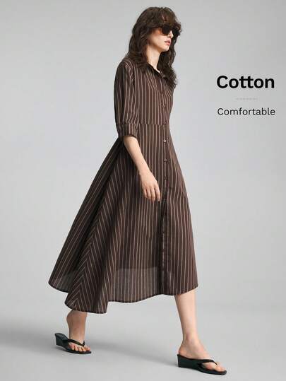 Ontre 2026 Coffee-Colored Striped Cinched Waist Asymmetrical Hem Women's Dress Modern Elegant Wedding Guest Outfit Urban Fashion Office Teachers' Day