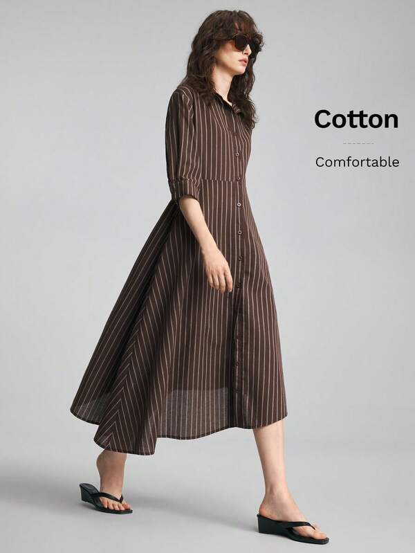 Ontre 2026 Coffee-Colored Striped Cinched Waist Asymmetrical Hem Women's Dress Modern Elegant Wedding Guest Outfit Urban Fashion Office Teachers' Day