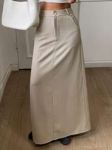 DAZY Solid Color Fitted A-Line Long Slit Elegant Casual Vacation Spring Autumn Women's Skirt - Khaki - View 4