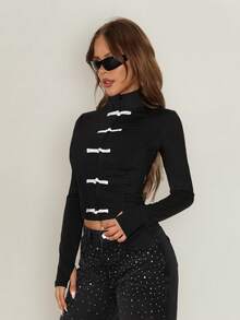 SHEIN ICON Women's Frog Button Design Long Sleeve Zipper Front Lightweight Jacket - Black and White - View 6