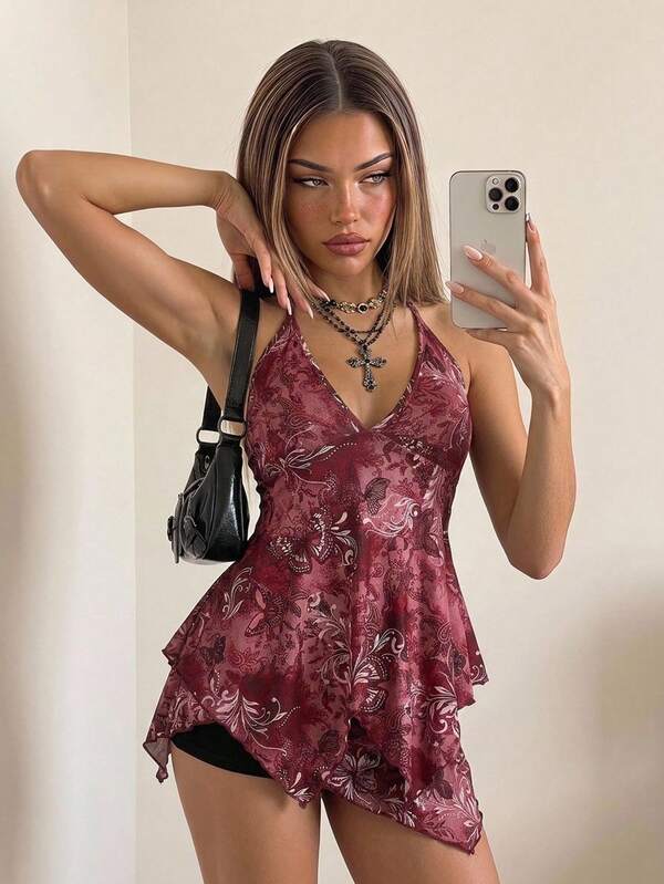 SHEIN ICON Top halter asimétrico sin espalda con estampado de mariposa vintage