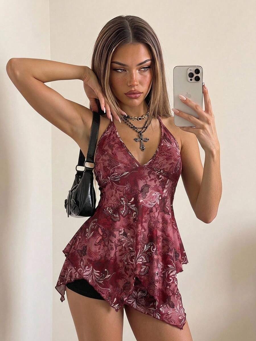 SHEIN ICON Burgundy Halter Tank Top For Women Boho Style Knitted Fabric Regular Length