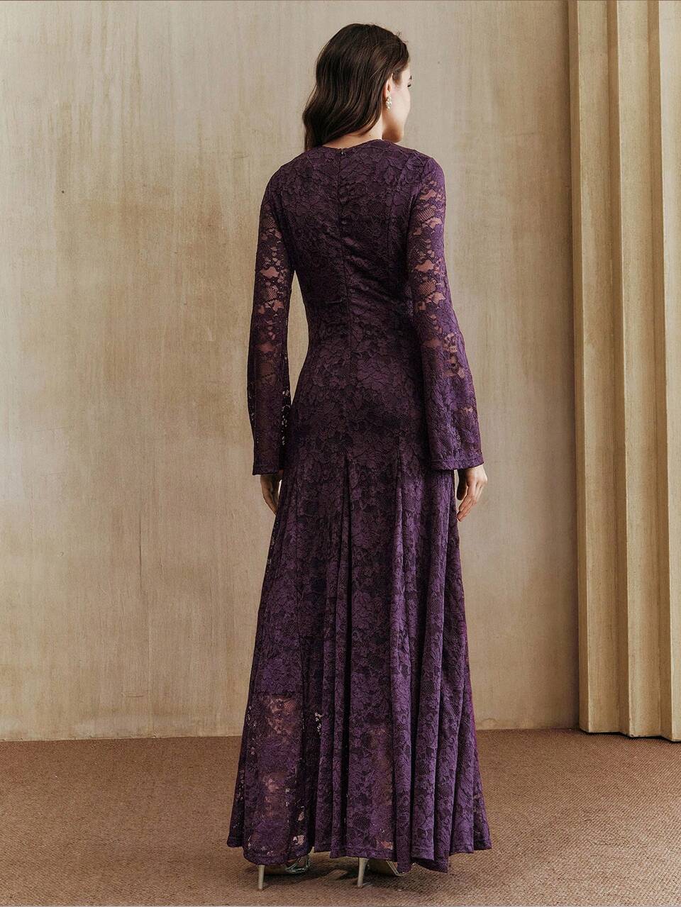 Women's Long Autumn/Winter Dress, Elegant Long Sleeve Lace Dress, Round Neck Slim Fit, Suitable For New Year, Christmas, Valentine's Day, Party, Wedding And Other Occasions, Fashionable, Elegant And Formal