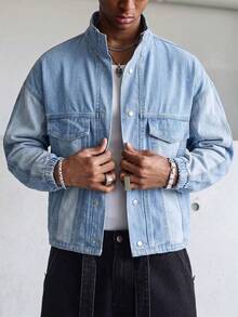 Manfinity Roghcode Men's Long Sleeve Single-Breasted Casual Workwear Pocket Denim Jacket - Blue - View 3