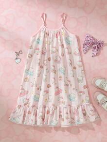 HELLO KITTY AND FRIENDS | SHEIN Tween Girl Cartoon Print Ruffle Hem Cami Dress - Yellow - View 2
