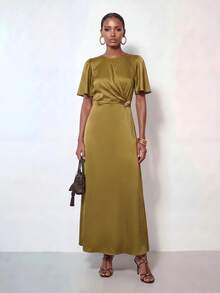 Zivah Women's Elegant Solid Color Waist-Cinching Long Dress - Mustard Yellow - View 9