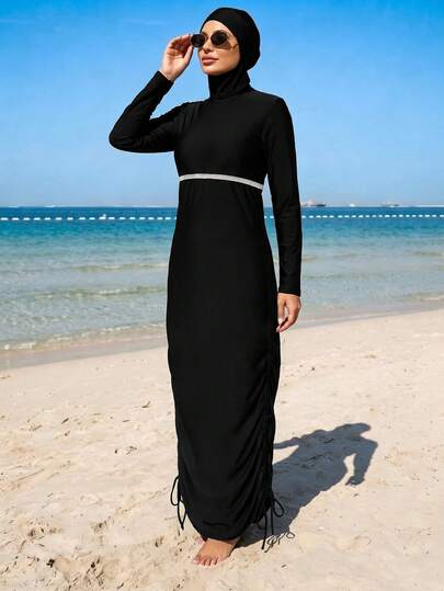 Swim Mulvari Ensemble 4 pièces burkini de bain pour femme, nouvelle collection printemps/été, robe froncée à manches longues longueur genou avec bordure contrastée et pantalon long unicolore