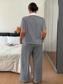 Napfluff CURVE Napfluff CURVE Black And White Striped Contrast Color Lapel V-Neck Short Sleeve Loose Fit Versatile Cute Plus Size Pajama Set Summer - Multicolor - View 2