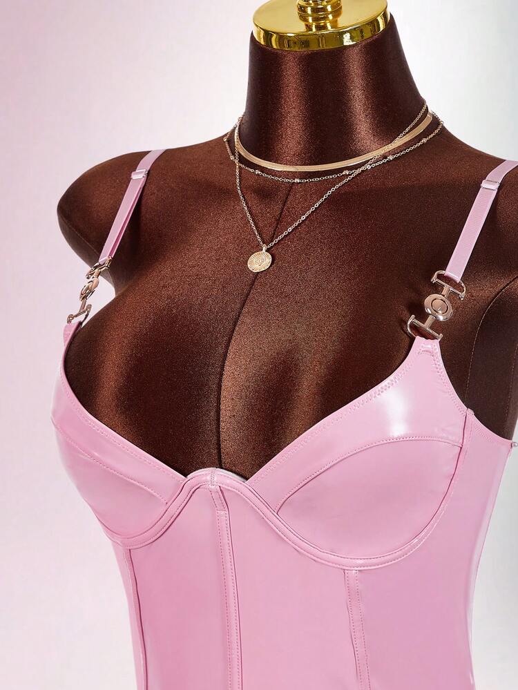 Bumpella 女士粉色乳胶吊带连衣裙，性感抹胸式细肩带紧身连衣裙，带束腰钢圈 - 粉色 - 查看 6