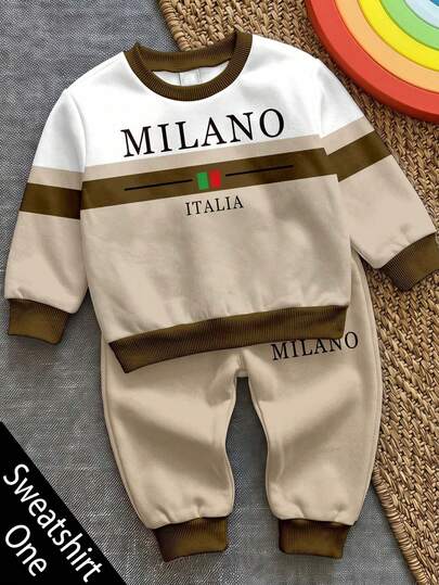 Young Boy Long Sleeve Crew Neck Sweatshirt, Classic Retro Color Block Pattern Print, Milan Text Graphic Print, Suitable For Autumn/Winter