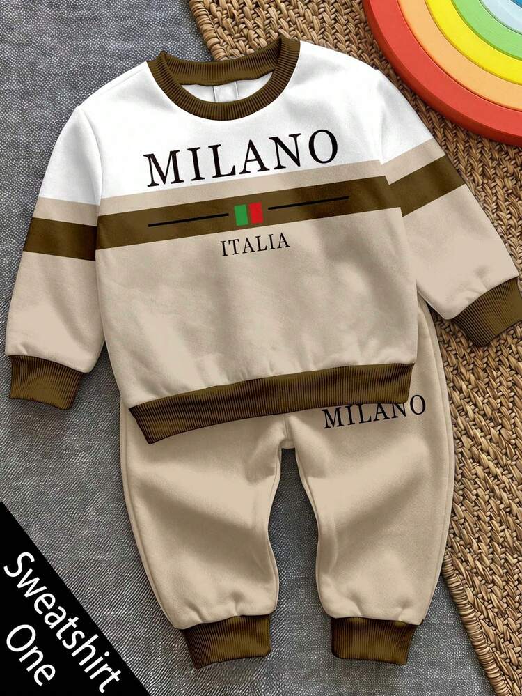 Young Boy Long Sleeve Crew Neck Sweatshirt, Classic Retro Color Block Pattern Print, Milan Text Graphic Print, Suitable For Autumn/Winter - Multicolor - View 2