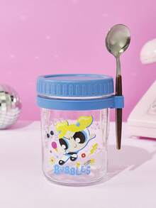 THE POWERPUFF GIRLS X POKOJA LAND 350ml Oatmeal Glass Cup With Lid And Spoon, Measuring Breakfast Container, Portable Milk, Salad, And Yogurt Cup - View 3