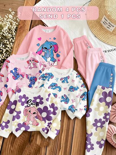 1pc Random Baby Girl Set, Rabbit, Flower & Letter Rainbow Prints.