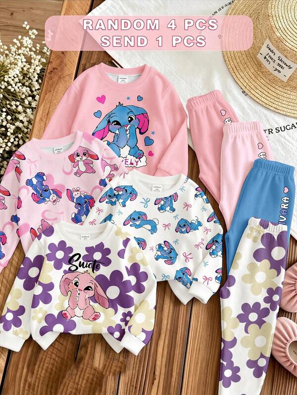 1pc Random Baby Girl Set, Rabbit, Flower & Letter Rainbow Prints.