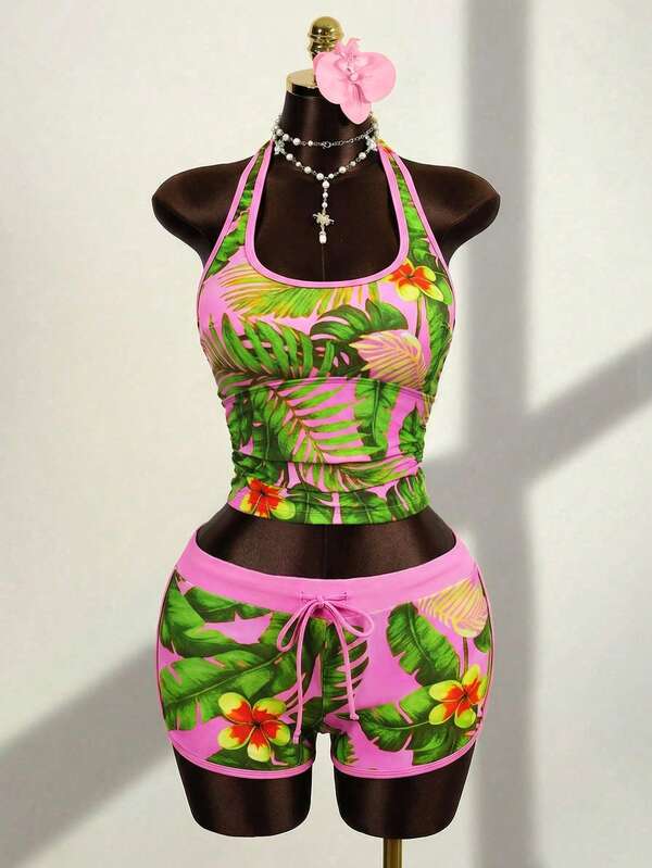 Zestiva Women's Tropical Floral Trim Drawstring Camisole Bikini Set, Beach Holiday Holiday Pink Floral Summer Boho