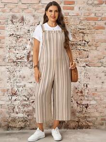 EMERY ROSE Plus Size Autumn Casual Striped Jumpsuit Beach Bussines Vacation Bussines Vacation Bussines Vacation Beige Fall - Multicolor - View 3