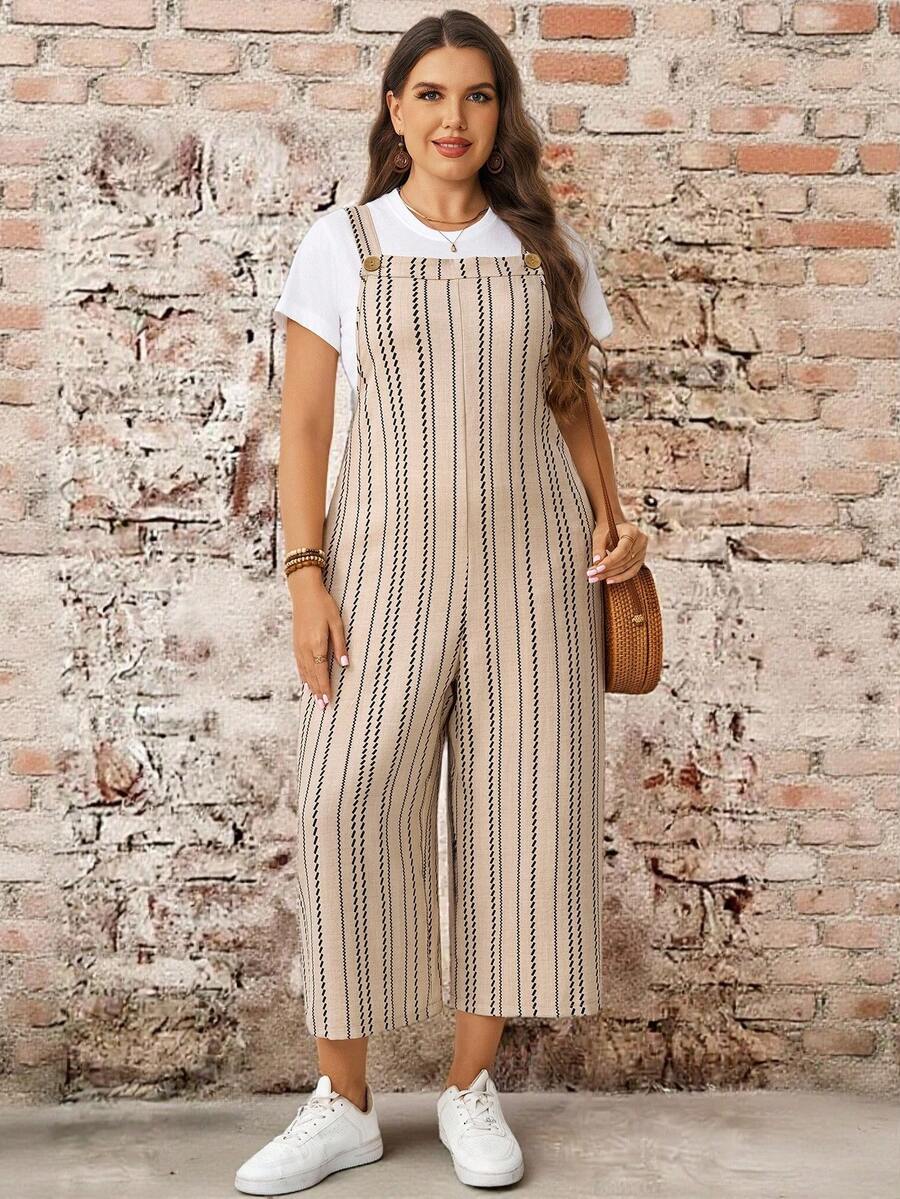 EMERY ROSE Plus Size Autumn Casual Striped Jumpsuit Beach Bussines Vacation Bussines Vacation Bussines Vacation Beige Fall - Multicolor - View 1