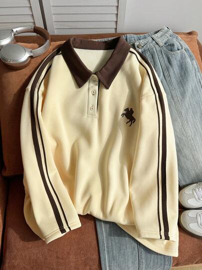Comfortcana Plus Size Women's Casual Daily Wear Striped Sweatshirt With Equestrian Pattern