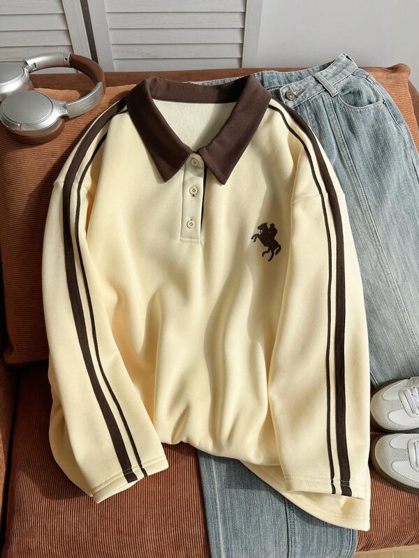 Comfortcana Plus Size Women's Casual Daily Wear Striped Sweatshirt With Equestrian Pattern