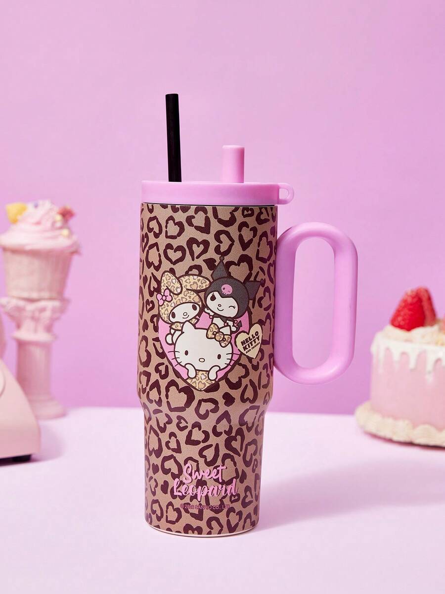 HELLO KITTY AND FRIENDS | Joivida 豹紋 & Hello圖案 24oz 不鏽鋼保溫杯,附手把 & 吸管,防漏 & 保溫 (冷/熱),適合居家、旅行或戶外活動,生日或情人節的可愛活力禮物 - 棕色 - 查看 1