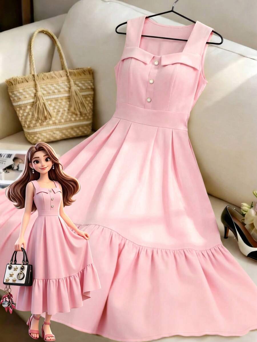 GlowEve CURVE Plus Size Sleeveless U-Neck Long Dress For Women, Suitable For Casual, Daily, Vacation, Commute And More - Pink - View 1