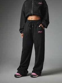 Missguided x Playboy Logo Embroidered Wide Leg Jogger Sweatpants With Drawstring Waist And Side Pockets Cozy Fleece Casual Pants - Black - View 1