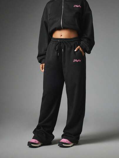 Missguided x Playboy Logo Embroidered Wide Leg Jogger Sweatpants With Drawstring Waist And Side Pockets Cozy Fleece Casual Pants