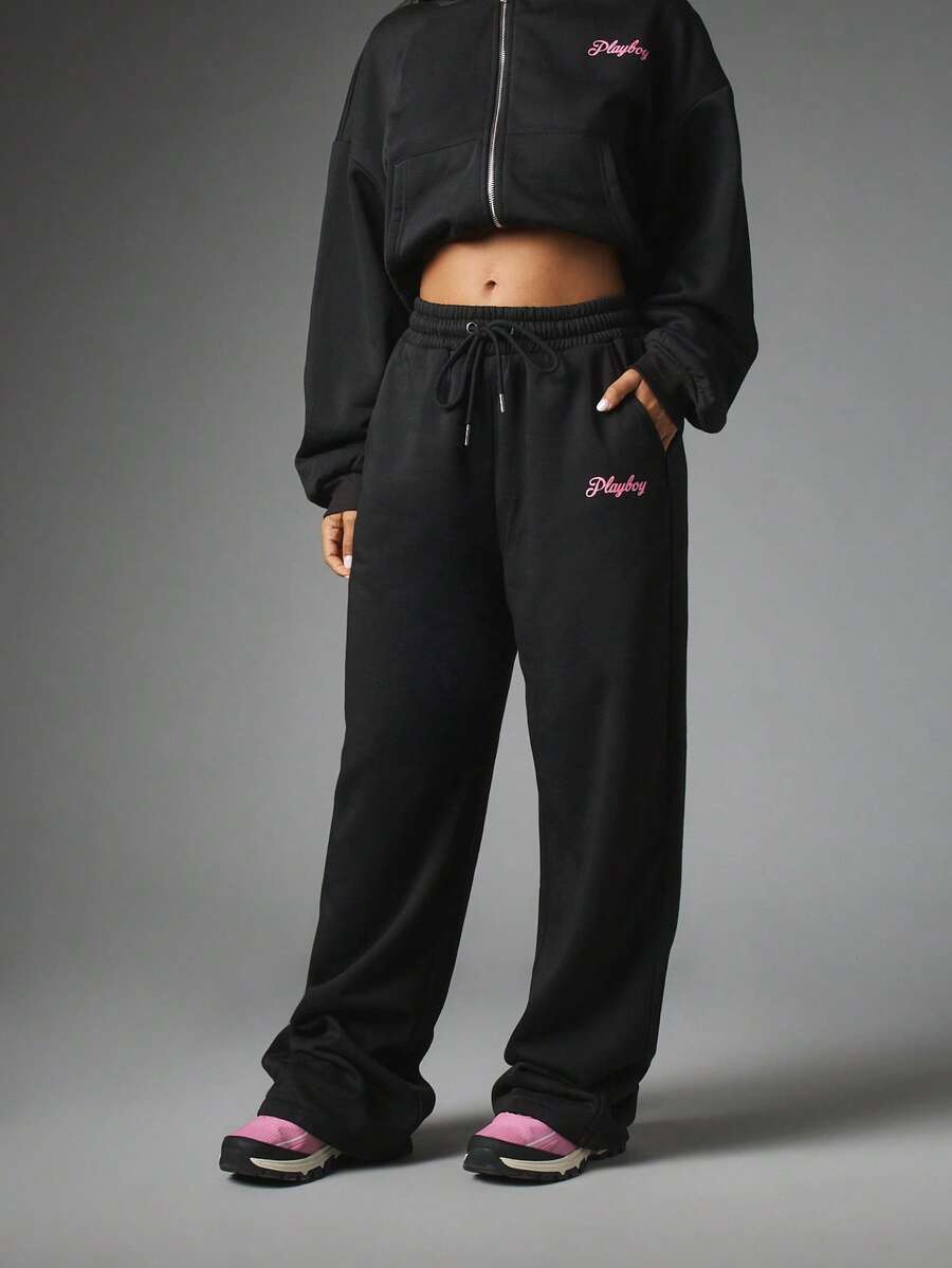 Missguided x Playboy Logo Embroidered Wide Leg Jogger Sweatpants With Drawstring Waist And Side Pockets Cozy Fleece Casual Pants - Black - View 1