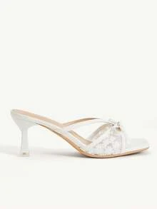CUCCOO CHICEST French Lace Embroidered Bow Square Toe High Heel Sandals White Pedal Women's Summer Outerwear - White - View 3
