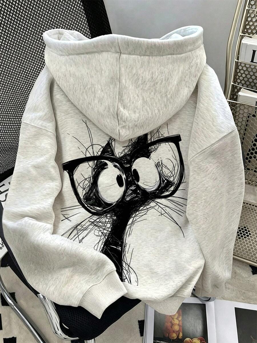 Resyla Women's Cartoon Print Drop Shoulder Hooded Sweatshirt - Light Grey - View 1