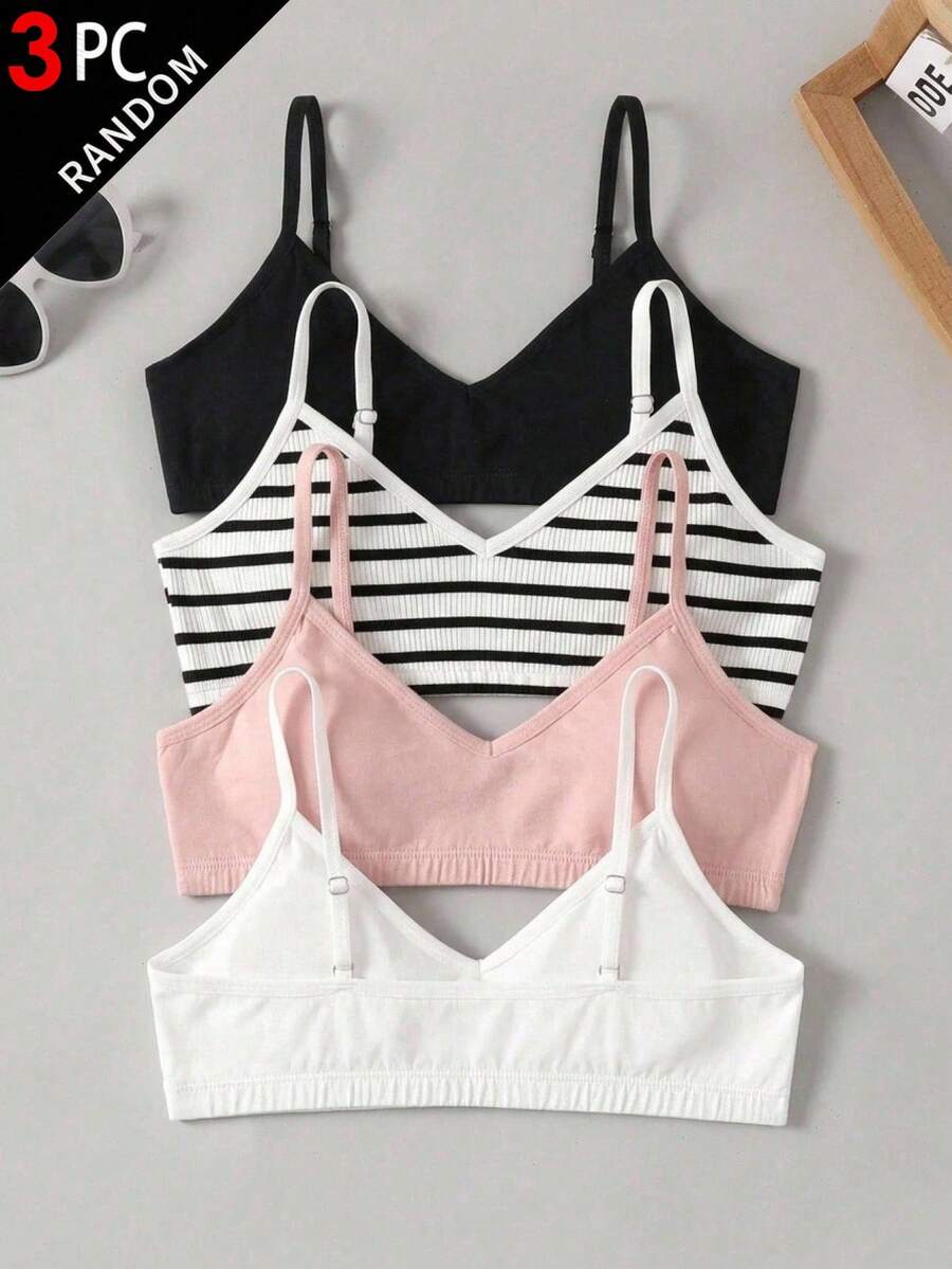 SHEIN 少女簡約舒適素色條紋V領加墊背心式內衣露背內褲3件組,四季適用 - 彩色 - 查看 1