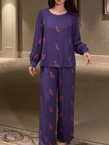 DAZY Ensemble de pyjama 2 pièces pour femmes avec Top à manches longues imprimé floral & pantalon long à jambes droites - Prune - Voir 6