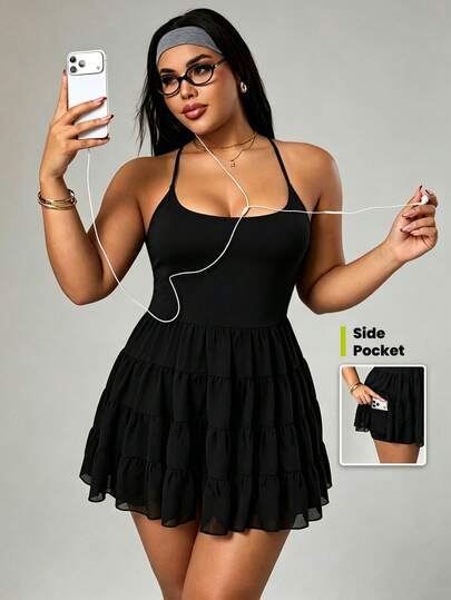 SHEIN Dewbera Plus Size Solid Color Spaghetti Strap Backless Camisole Dress