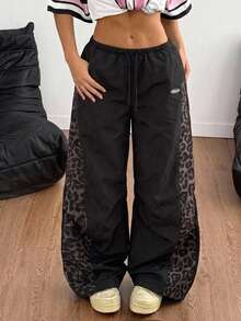SHEIN Tween Girls Spring And Summer Concert Streetwear Color-Blocked Parachute Pants - Black - View 1
