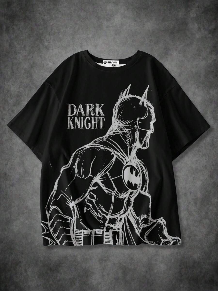 BATMAN X SHEIN 男士休闲字母与人物图案圆领短袖 T 恤,夏季 - 白色 - 查看 1