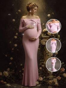 Cheriluna Maternity Spring/Autumn Maternity Dress, Slim Fit With Belly Accent, Sweet Style For Party And Banquet, High Elastic Knit Fabric Fall Pink Dress Wedding - Pink - View 10