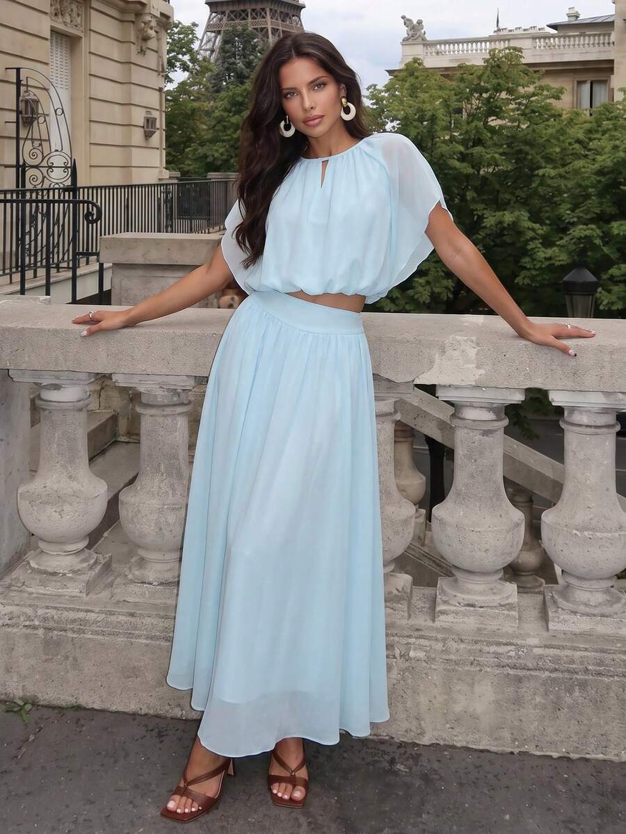 Privoire Women's Solid Color Batwing Short Sleeve Top And Skirt Elegant Romantic 2 Pieces Set For Summer Vacation Baby Blue Brunch - Blue - View 1