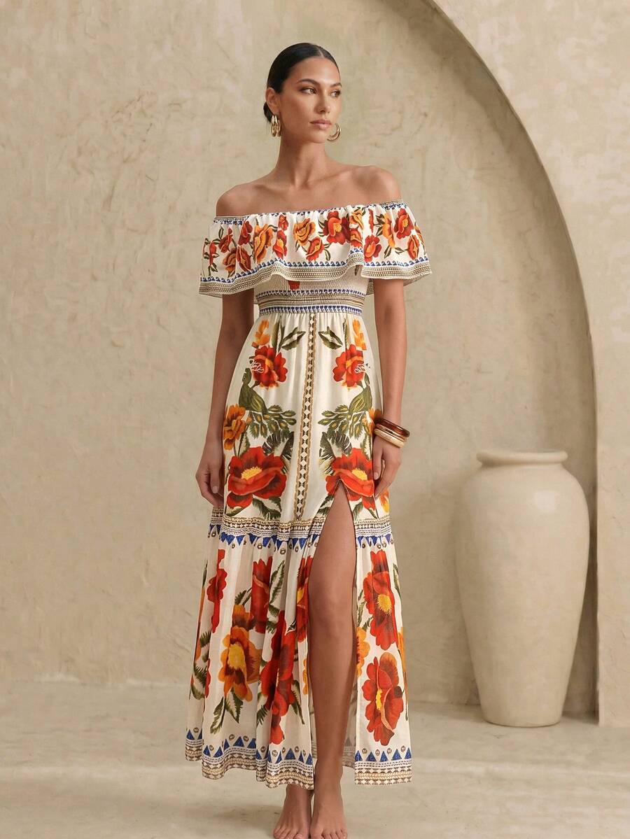 Swim Oasis Elegant Fashionable Unique Design Vacation Dress With High Slit, Off-The-Shoulder Square Neckline, Comfortable Skin-Friendly Full Skirt For Women - Multicolor - View 1