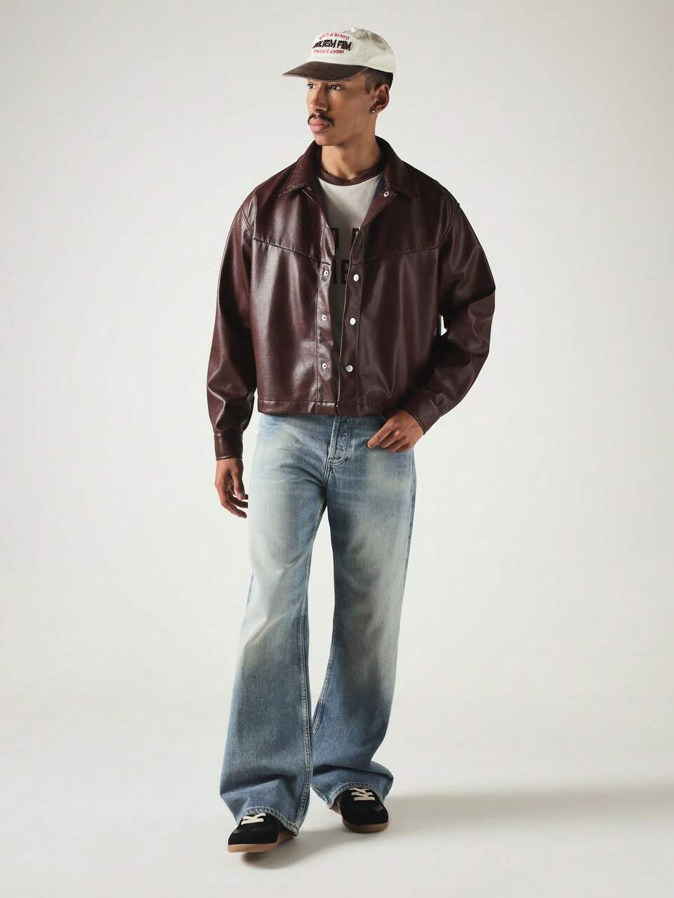 Faux Leather Look Long Sleeve Shirt With Snap Button Closure Collared Oversized Fit Fall Winter Outerwear Jacket